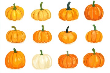 Orange Pumpkin Set Isolated on White Background. Multiple Pumpkin Jack-o-Lanterns Halloween Concept. Autumn Harvest Clip Art. Pumpkins with Clipping Path. Fall Season Decoration Design.
