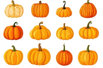 Orange Pumpkin Set Isolated on White Background. Multiple Pumpkin Jack-o-Lanterns Halloween Concept. Autumn Harvest Clip Art. Pumpkins with Clipping Path. Fall Season Decoration Design.