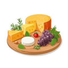 Cheese platter illustration with yellow cheeses, soft white cheese, grapes and tomato.
