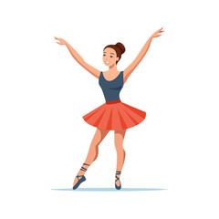 Obraz premium Elegant ballerina in red tutu dancing with arms raised, performing ballet on stage in dance studio, gracefully posed