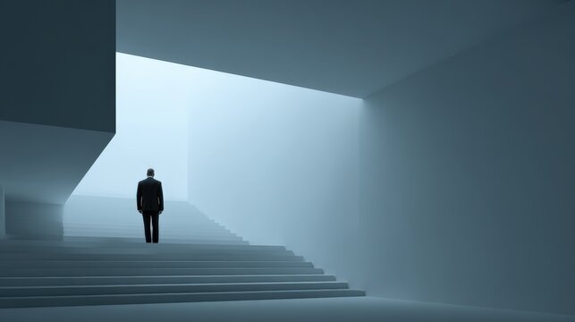 Businessman Ascending Staircase Towards Light: Vision, Ambition, and Opportunity in a Modern Architectural Space