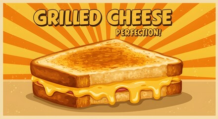 An illustration of a grilled cheese sandwich with oozing cheese set against a radial orange background