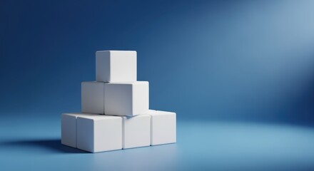 Obraz premium Abstract White Cubes Stacked on Blue Surface: Minimalist Product Display and Presentation Backdrop