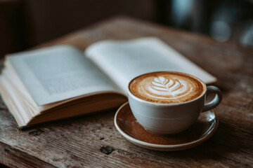 cup of coffee on wood table and book