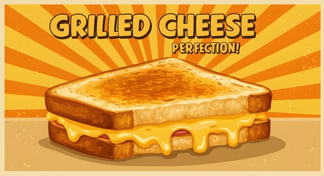 An illustration of a grilled cheese sandwich with oozing cheese set against a radial orange background