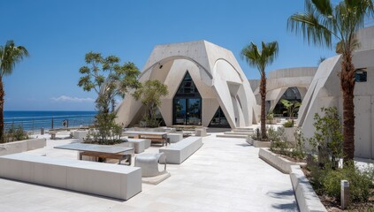 Fototapeta premium Modern concrete building with outdoor terrace overlooking the sea