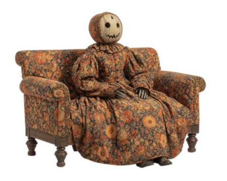 Halloween doll pumpkin dress gothic sofa floral pattern wooden hands vintage style spooky autumn eerie sitting