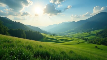 Obraz premium Lush green valley with rolling hills under a bright sky.