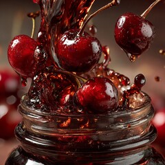 Ripe cherries falling into a jar of dark maple syrup, thick liquid swirling, rich red and deep brown colors blending, high-detail macro photo