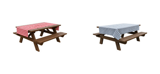 Outdoor picnic tables with checkered tablecloths backyard setting furniture showcase bright day elevated relaxation concept. Cut out PNG set