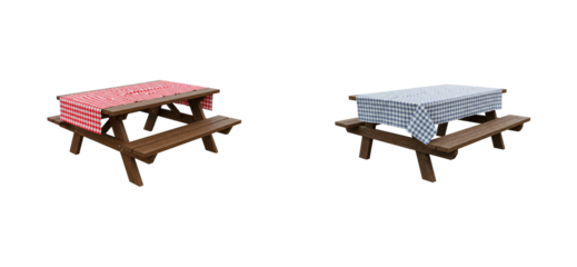 Outdoor picnic tables with checkered tablecloths backyard setting furniture showcase bright day elevated relaxation concept. Cut out PNG set