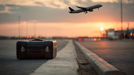 A black suitcase sits on a curb at sunset, a plane taking off in the background, signifying travel and departure. .