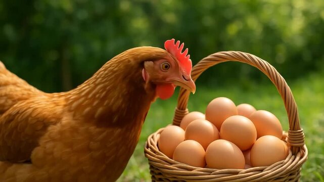 Brown hen near wicker basket full of eggs outdoors, symbolizing poultry farming, fresh produce, and celebration of World Food Day and World Egg Day