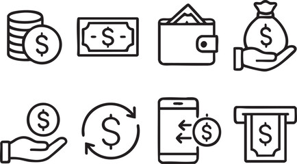 Money and finance line icons set on white background