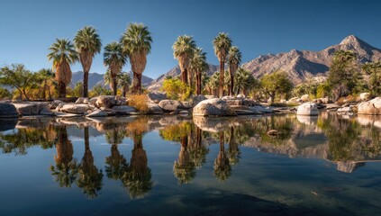 Calm desert oasis with palm trees reflected in a still pool. Mountain backdrop
