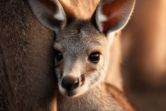 Kangaroo joey peeking from pouch - copy space above. - Powered by Adobe