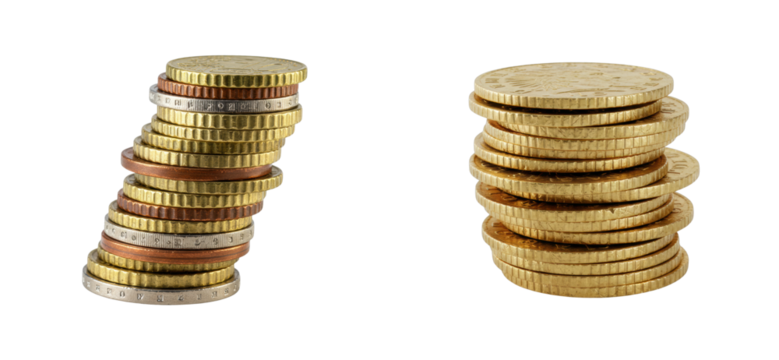 Stacked coins displaying wealth studio setting still life minimalist financial concept. Cut out PNG set