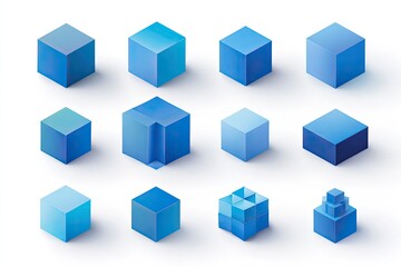 Obraz premium Set of blue isometric cubes, various angles and arrangements