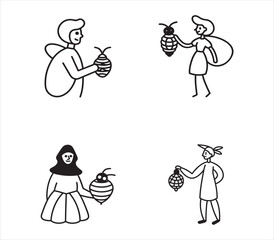 Collection of Four People Holding Beehive Illustrations in a Playful and Engaging Manner on White Background