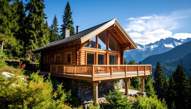 Mountainside log cabin with large windows and deck, nestled amongst evergreens