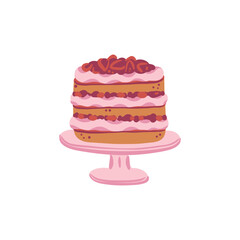 Colorful clipart illustration of a three-layer strawberry summer cream cake on a pink stand isolated on white background. Perfect for bakery, dessert, and celebration themes. Vector design