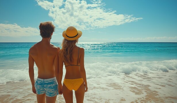 Romantic young couple in beachwear standing at seashore gazing at ocean view, enjoying sunny summer vacation with shallow depth focus on yellow hat and blue shorts - Powered by Adobe