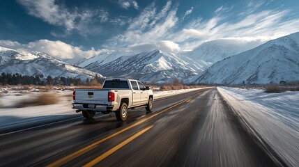 A dynamic shot of a white pickup truck in motion along a wide road with snowcapped mountains in the background .