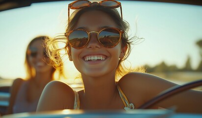 Happy young woman wearing sunglasses smiling while driving car with female friend on summer road trip to beach resort, enjoying sunset views and joyful journey