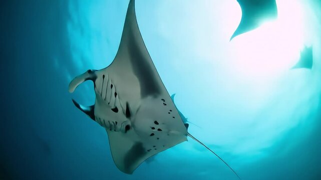manta ray, ocean, underwater, marine life, sea, swimming, gliding, elegant, majestic, wild, nature, environment, sandy, seabed, clear water, turquoise, light, aquatic, animal, wildlife, creature, fish