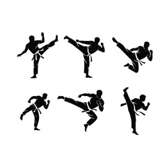 Martial arts fighter silhouettes set performing high kicks and jump strikes, karate taekwondo training poses vector illustration, combat sports fitness icon
