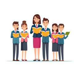 Illustrative Choir Group Singing from Yellow Songbooks with Smiling Conductor Cartoon Style