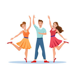 Obraz premium Group of happy young dancers in dance studio performing ballet poses with smiling faces, lighthearted atmosphere
