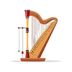 Elegant wooden harp with strings and levers on a simple stand illustration