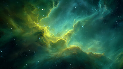 Fototapeta premium Vibrant green and yellow nebula clouds with scattered stars in deep space galaxy cosmos