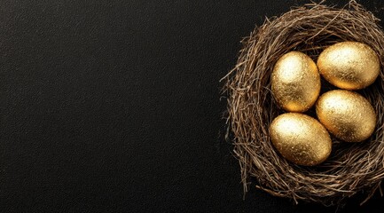 Golden eggs in a nest on a dark background
