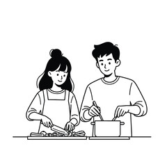 Happy young couple cooking together a minimalist black and white line art illustration of domestic life.