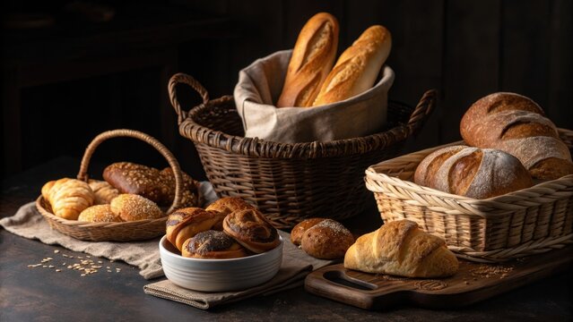 Assortment of freshly baked breads and pastries in wicker baskets
