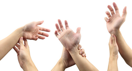 Multiple human hands showing different wrist pain gestures on a white background, indicating discomfort or injury.