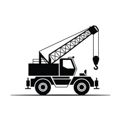 Fototapeta premium Mobile crane truck silhouette vector, heavy construction machinery with lattice boom and hook, industrial lifting equipment vehicle icon isolated on white background.