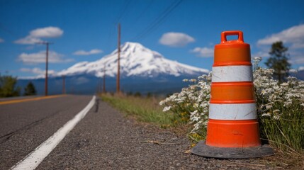 Obraz premium Road warning cone placed beside a rural highway with scenic mountain backdrop and blooming wildflowers