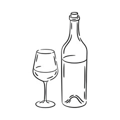 Wine bottle and glass line art illustration, minimalist black and white vector of alcoholic beverage, elegant winery tasting, bar restaurant celebration design.