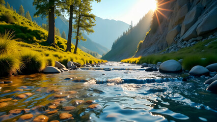 Crystal-Clear Mountain Stream Flowing Over Smooth Pebbles in Golden Sunlight