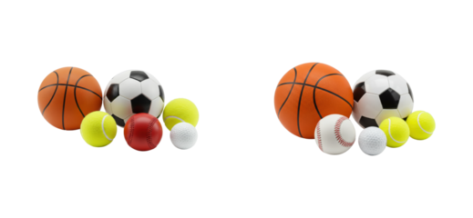 Sporting goods collection basketballs soccer balls and more in a studio environment. Cut out PNG set