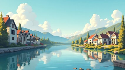 Obraz premium Picturesque village by a tranquil lake under a summer sky.