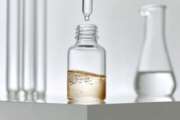 Pipette adding drop to glass bottle with serum, laboratory glassware in background