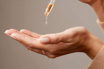 Beautician is pouring serum oil drop on hand for healthy soft skin