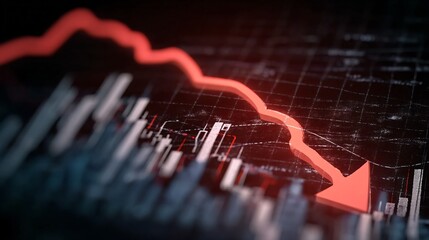 a downward arrow graph on a digital screen, symbolizing financial loss, with stock charts in the background, representing economic decline, recession, market downturn in modern business and finance