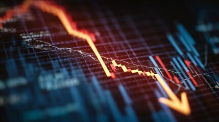 a downward arrow graph on a digital screen, symbolizing financial loss, with stock charts in the background, representing economic decline, recession, market downturn in modern business and finance