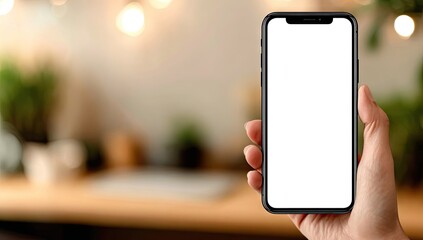 Hand holding a smartphone with a blank screen in a blurred interior setting.