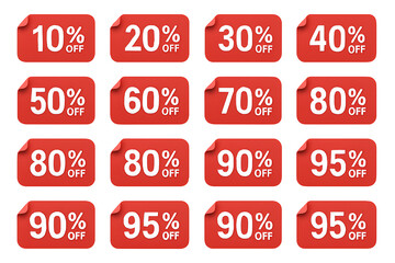 Discount Tags Set of Red Sale Labels with Percent Off Offers for Shopping Promotion